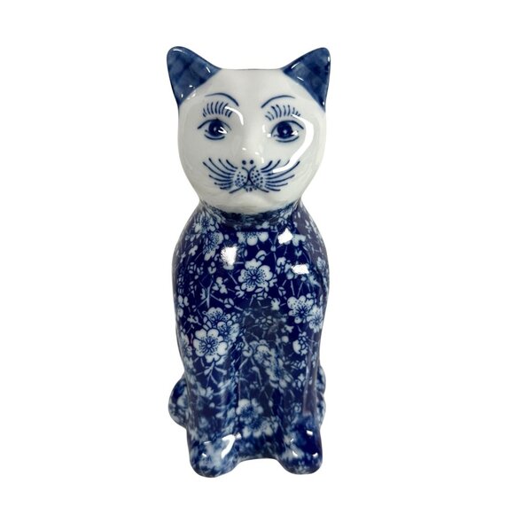 Vintage Chintz Blue And White Floral Porcelain Cat Figurine 8” - Picture 1 of 6